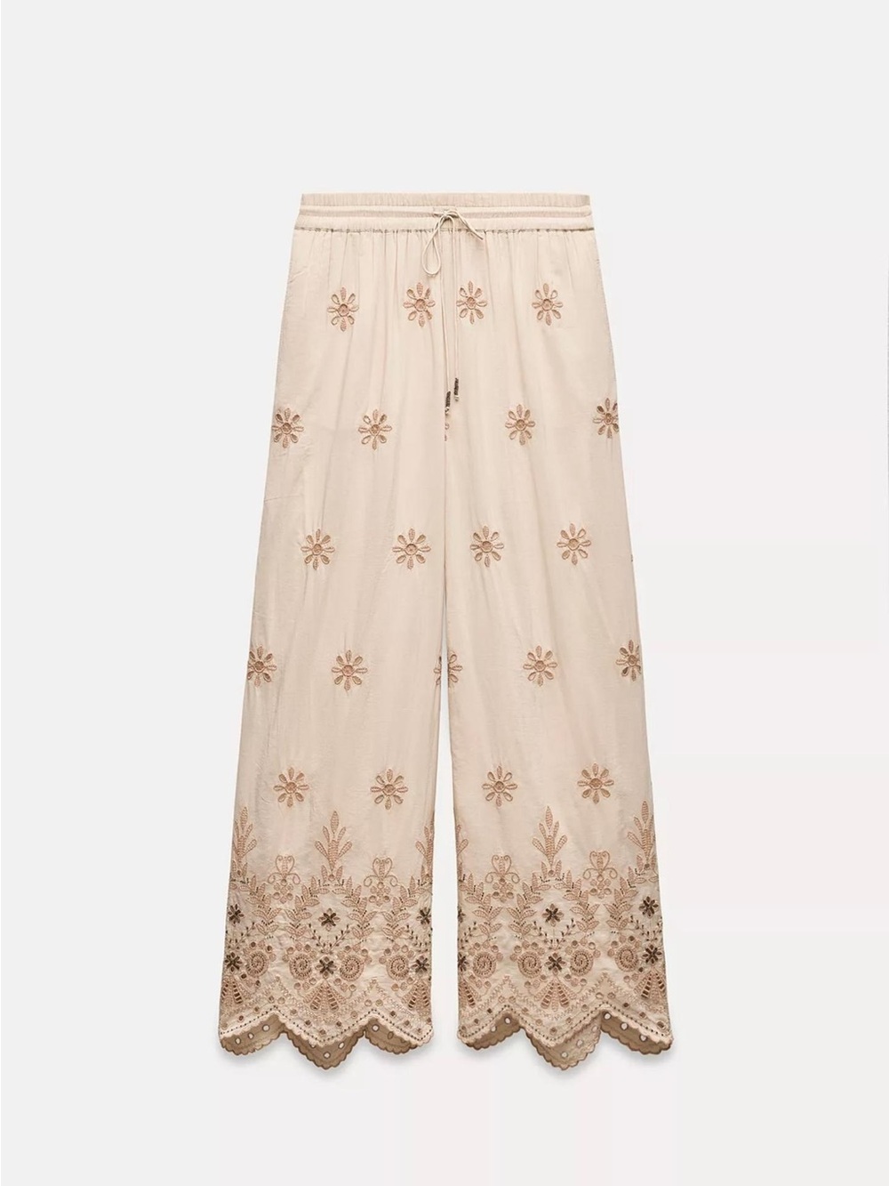 Zara Embroidered Wide-Leg Pants in Light Beige